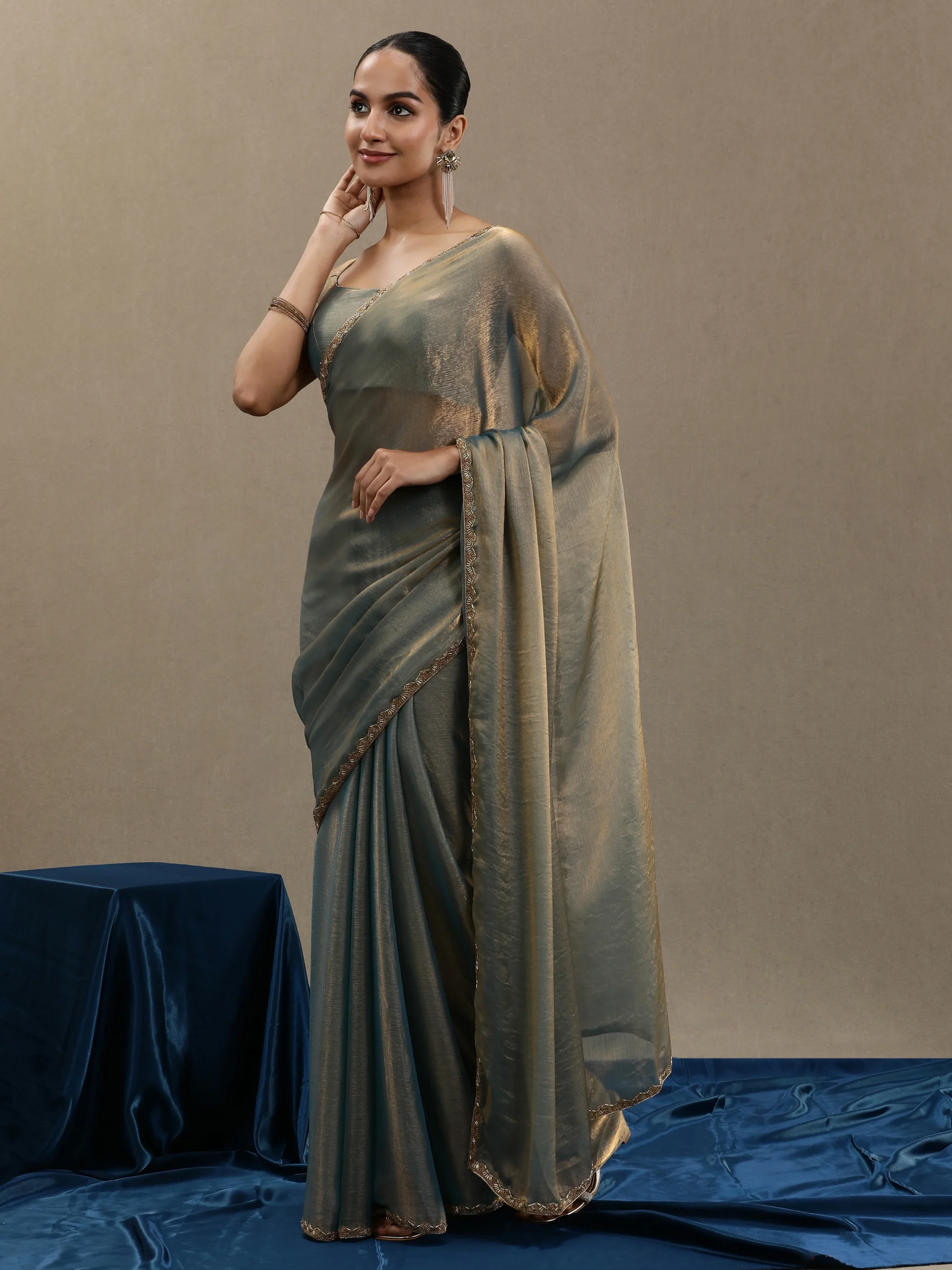 Blue Gold Organza Saree