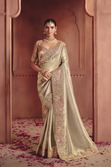 Antique Gold Embellished Shimmer Tissue Silk Saree