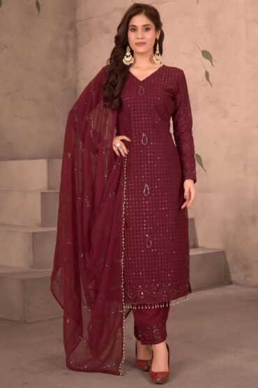 Wonderful Maroon Thread Work Georgette Festive Wear Pant Suit