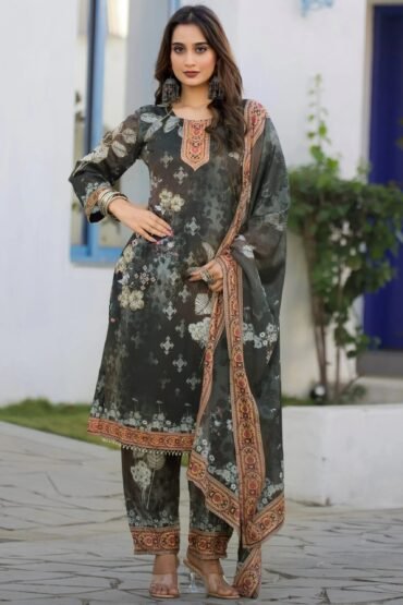 Sprakling Dark Grey Digital Printed Chinon Festive Wear Straight Suit