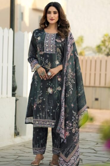 Fabulous Dark Green Digital Printed Chinon Function Wear Straight Suit