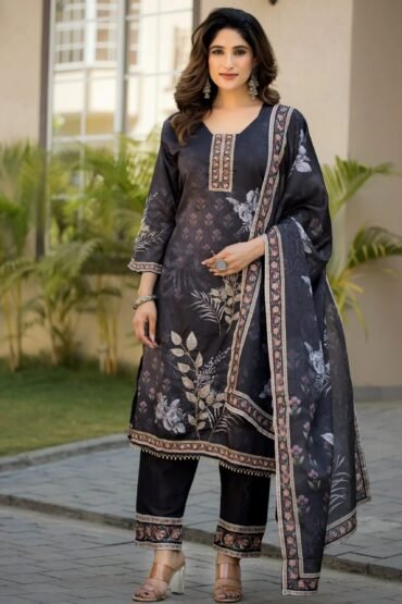 Adorable Black Digital Printed Chinon Traditional Straight Suit