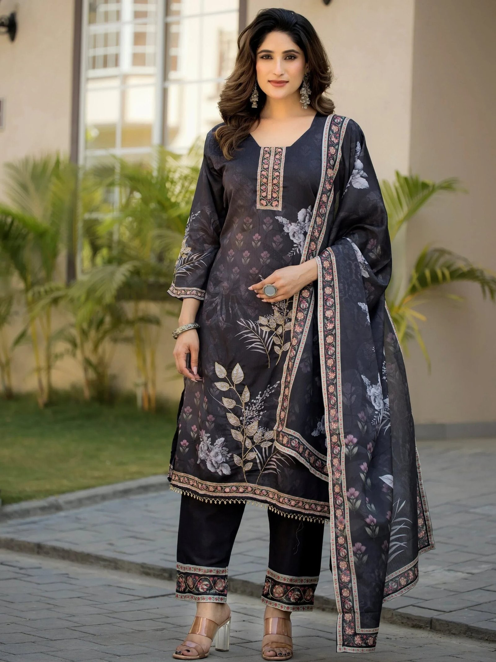 Adorable Black Digital Printed Chinon Traditional Straight Suit