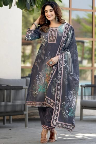 Wonderful Grey Digital Printed Chinon Festival Straight Suit