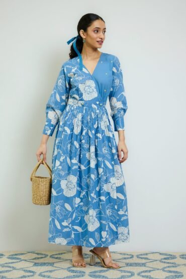 Sky Blue Ayesha Cotton Overlap Dress with Hand Embroidery Detail