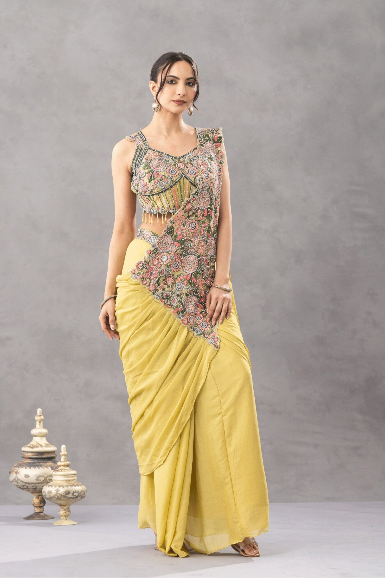 Antique Mustard Draped Saree with Floral Embroidered Blouse