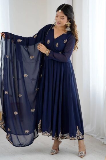 Tantalizing Navy Blue Georgette Embroidered Festive Anarkali Suit