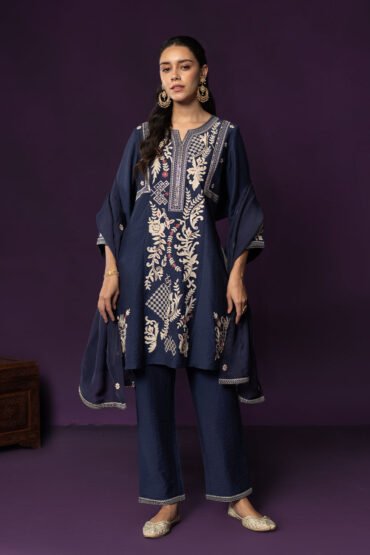 Aarvi Navy Floral Embroidered Suit Set with Dupatta