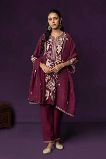 Aarvi Wine Floral Embroidered Suit Set with Dupatta