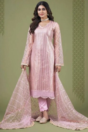 Pleasant Pink Sequins Embroidered Net Festive Wear Salwar Kameez