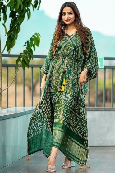 Ravishing Green Bandhej Print Gaji Silk Festival Wear Readymade Kaftan