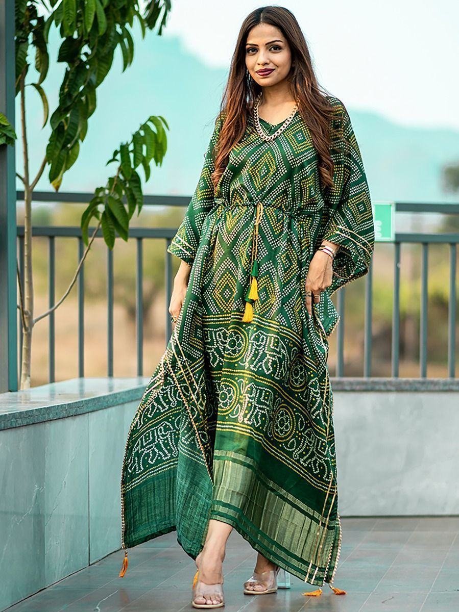 Ravishing Green Bandhej Print Gaji Silk Festival Wear Readymade Kaftan