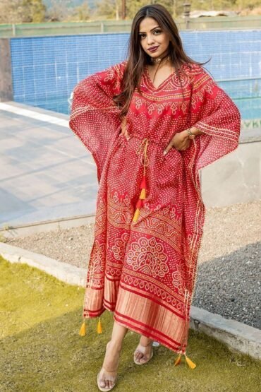 Exquisite Red Bandhej Print Gaji Silk Festival Wear Readymade Kaftan