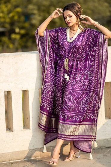 Aesthetic Wine Bandhej Print Gaji Silk Festival Wear Readymade Kaftan