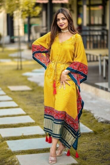Desirable Yellow Bandhej Print Gaji Silk Festival Wear Readymade Kaftan