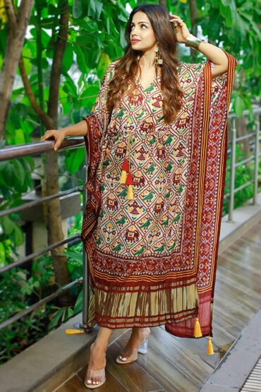 statuesque Maroon Patola Printed Gaji Silk Festival Wear Readymade Kaftan