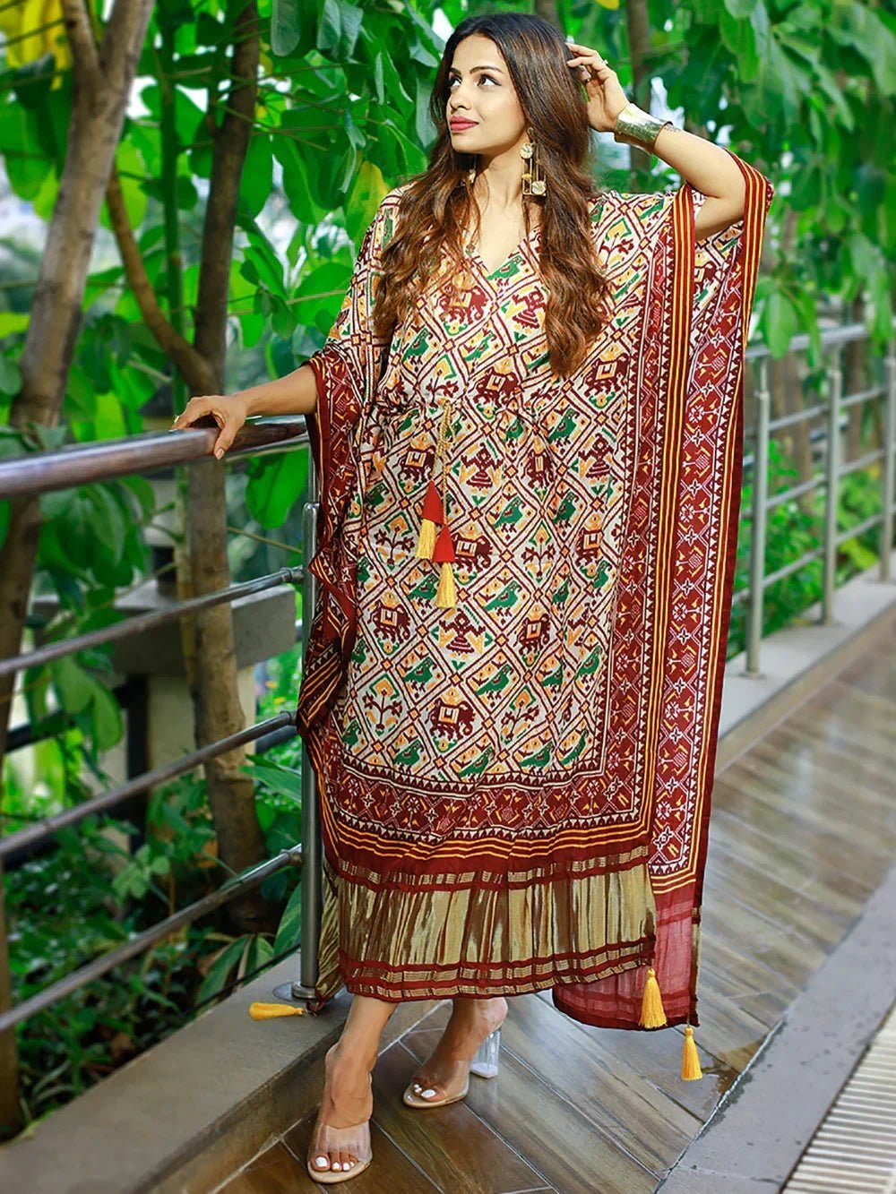 statuesque Maroon Patola Printed Gaji Silk Festival Wear Readymade Kaftan