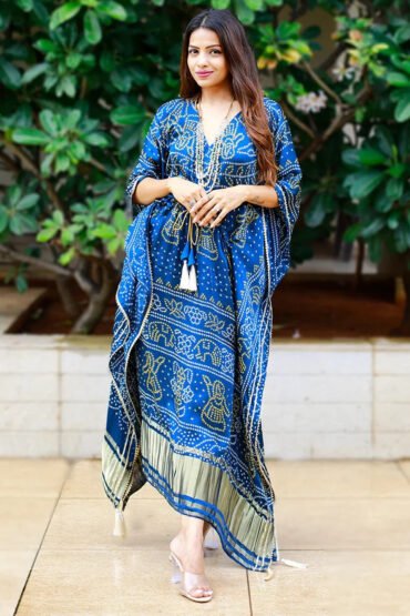 Glorious Blue Bandhej Print Gaji Silk Festival Wear Readymade Kaftan