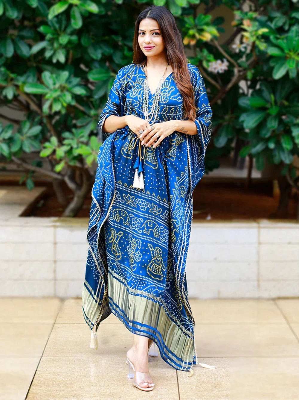 Glorious Blue Bandhej Print Gaji Silk Festival Wear Readymade Kaftan