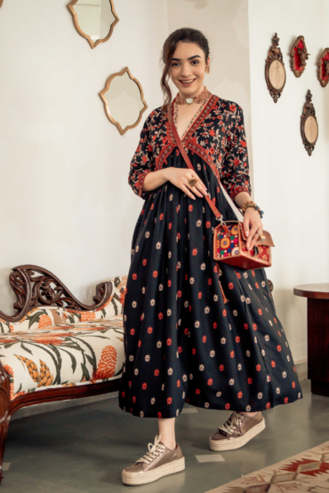 Black Bloom in the Dark V Neck Alia Cut Dress