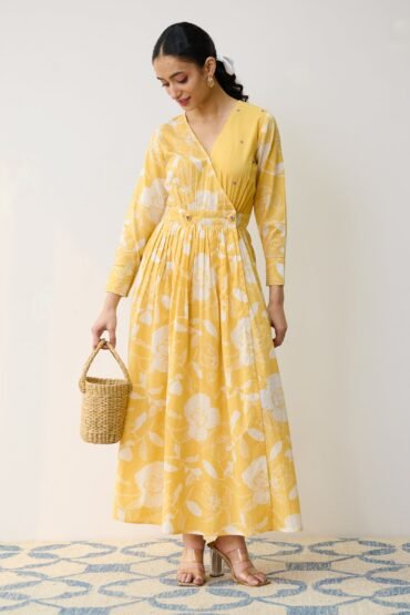 Mango Yellow Ayesha Cotton Overlap Dress with Hand Embroidery Detail
