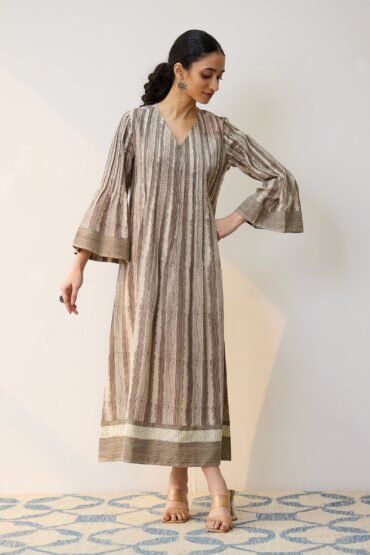 Dabu Inspired Grey Cotton A-line Dress with Pintuck Detail