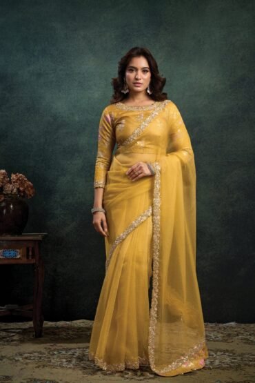 Amber Yellow Embellished Organza Silk Saree