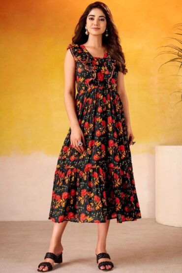 Fabulous Black Flower Printed Silk Casual Wear Dress