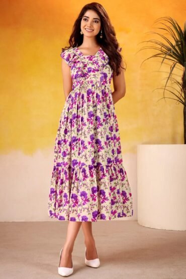 Incredible Purple Flower Printed Silk Casual Wear Dress