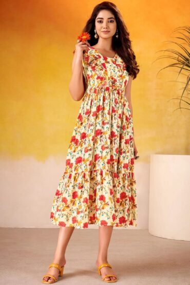 Adorable Red Flower Printed Silk Casual Wear Dress