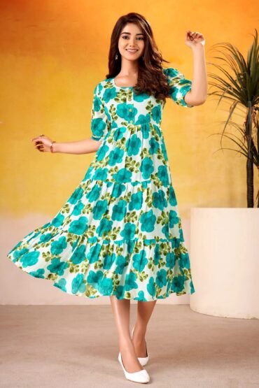 Beautiful Teal Green Flower Printed Silk Summer Wear Dress
