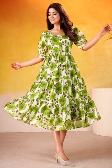 Fantastic Mehendi Green Floral Printed Silk Daily Wear Dress
