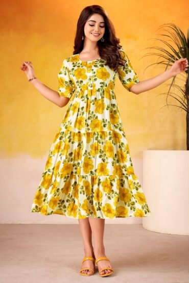Stunning Mustard Yellow Digital Printed Silk Casual Wear Dress