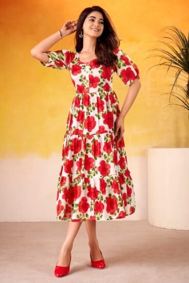 Lovable Red Floral Printed Silk Office Wear Dress