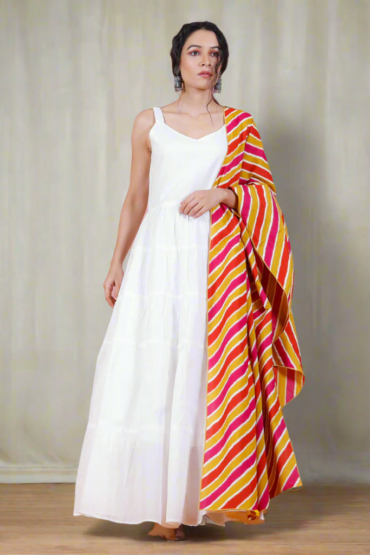 Peach & Pink Leheriya Inspired Dupatta with White Tiered Dress