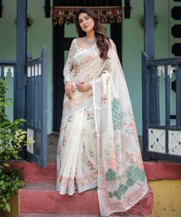Ivory Pure Cotton Linen Saree with Pastel Floral Design