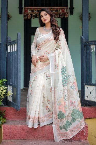 Ivory Pure Cotton Linen Saree with Pastel Floral Design