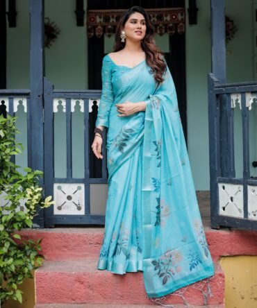 Aqua Blue Pure Cotton Linen Saree with Floral Design