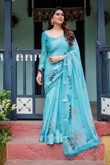 Aqua Blue Pure Cotton Linen Saree with Floral Design