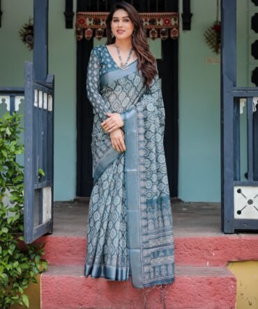 Teal Blue Pure Cotton Linen Saree with Geometric Block Print