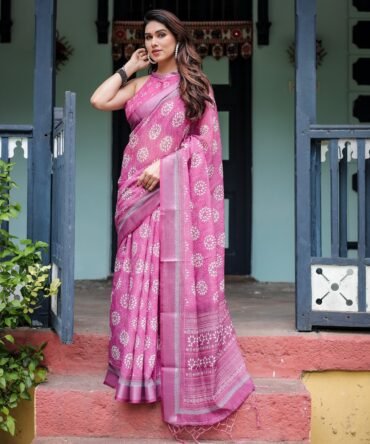 Magenta Pure Cotton Linen Saree with White Floral Block Print