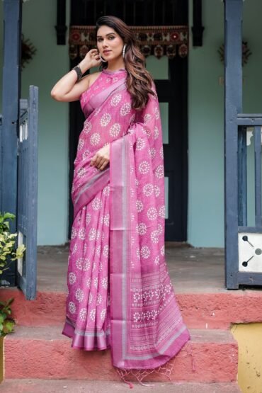 Magenta Pure Cotton Linen Saree with White Floral Block Print