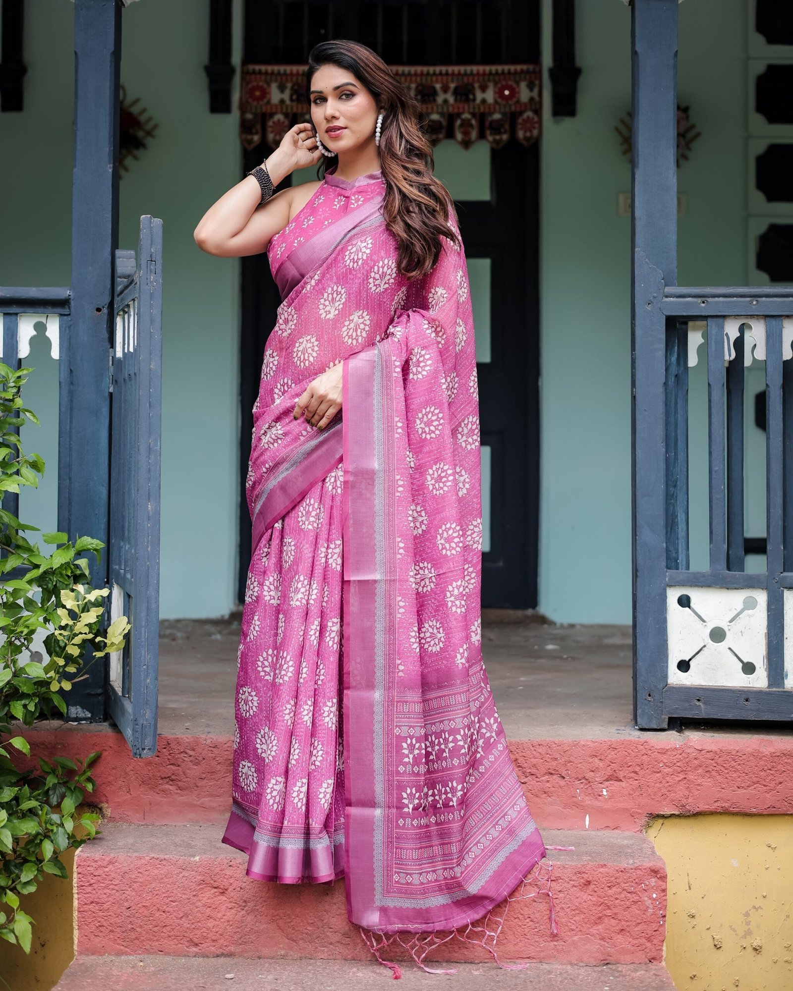 Magenta Pure Cotton Linen Saree with White Floral Block Print