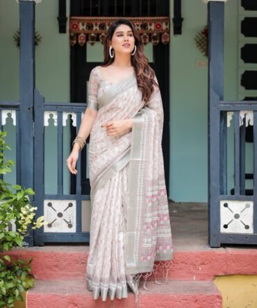 Soft Grey Pure Cotton Linen Saree with Pink and White Ikat Design