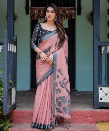 Blush Pink Pure Cotton Linen Saree with Contrast Polka Dot Blouse and Tassel Detailing