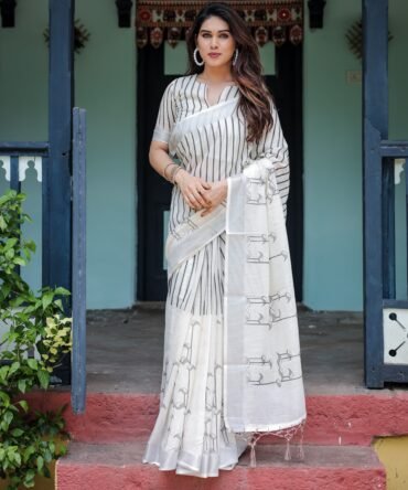 White and Black Pure Cotton Linen Saree with Striped Pattern