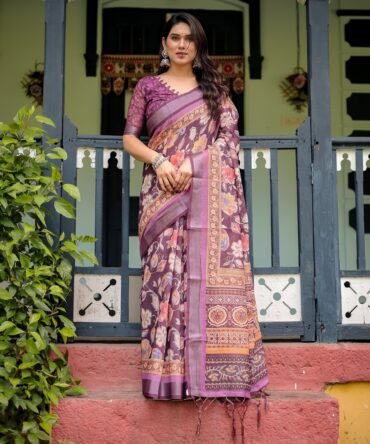 Purple Floral Printed Pure Cotton Linen Saree with Blouse and Tassels