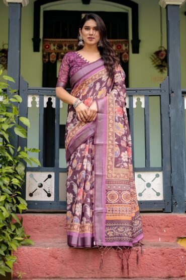 Purple Floral Printed Pure Cotton Linen Saree with Blouse and Tassels