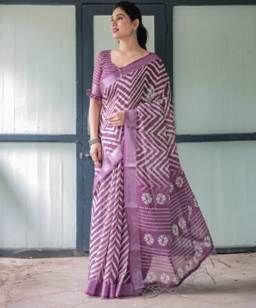 Purple and White Zigzag Patterned Pure Cotton Linen Saree with Blouse and Tassel Edges