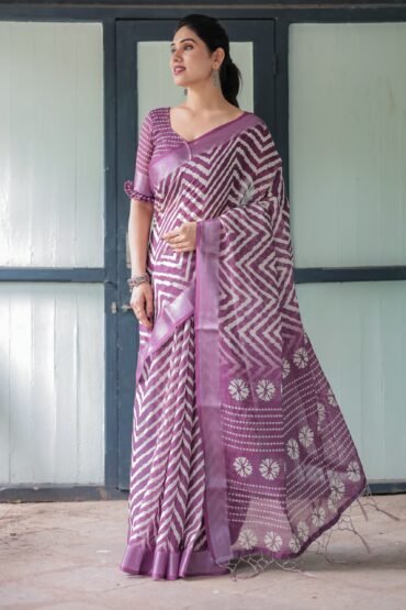 Purple and White Zigzag Patterned Pure Cotton Linen Saree with Blouse and Tassel Edges